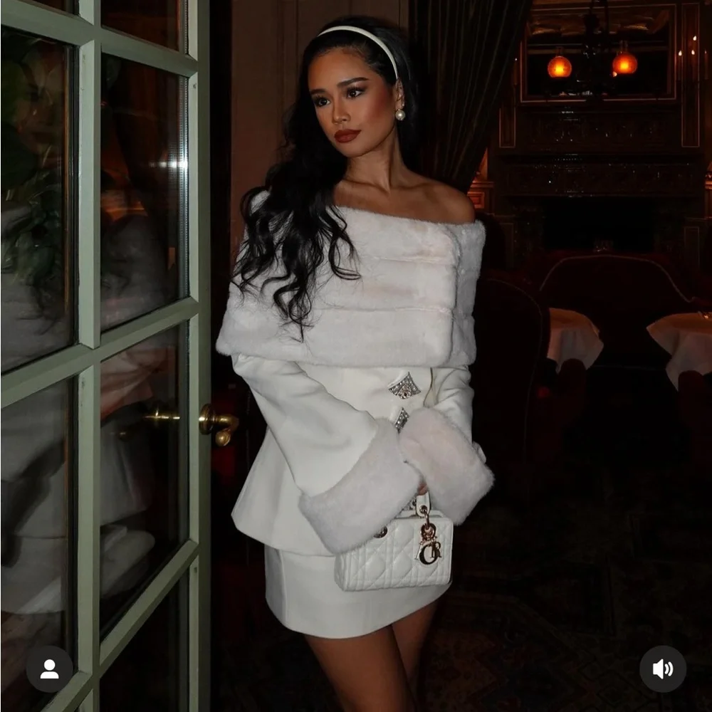 Sierra Darien Luxe ivory white faux fur matching 2 piece mini skirt & blazer set - Picture 1 of 13